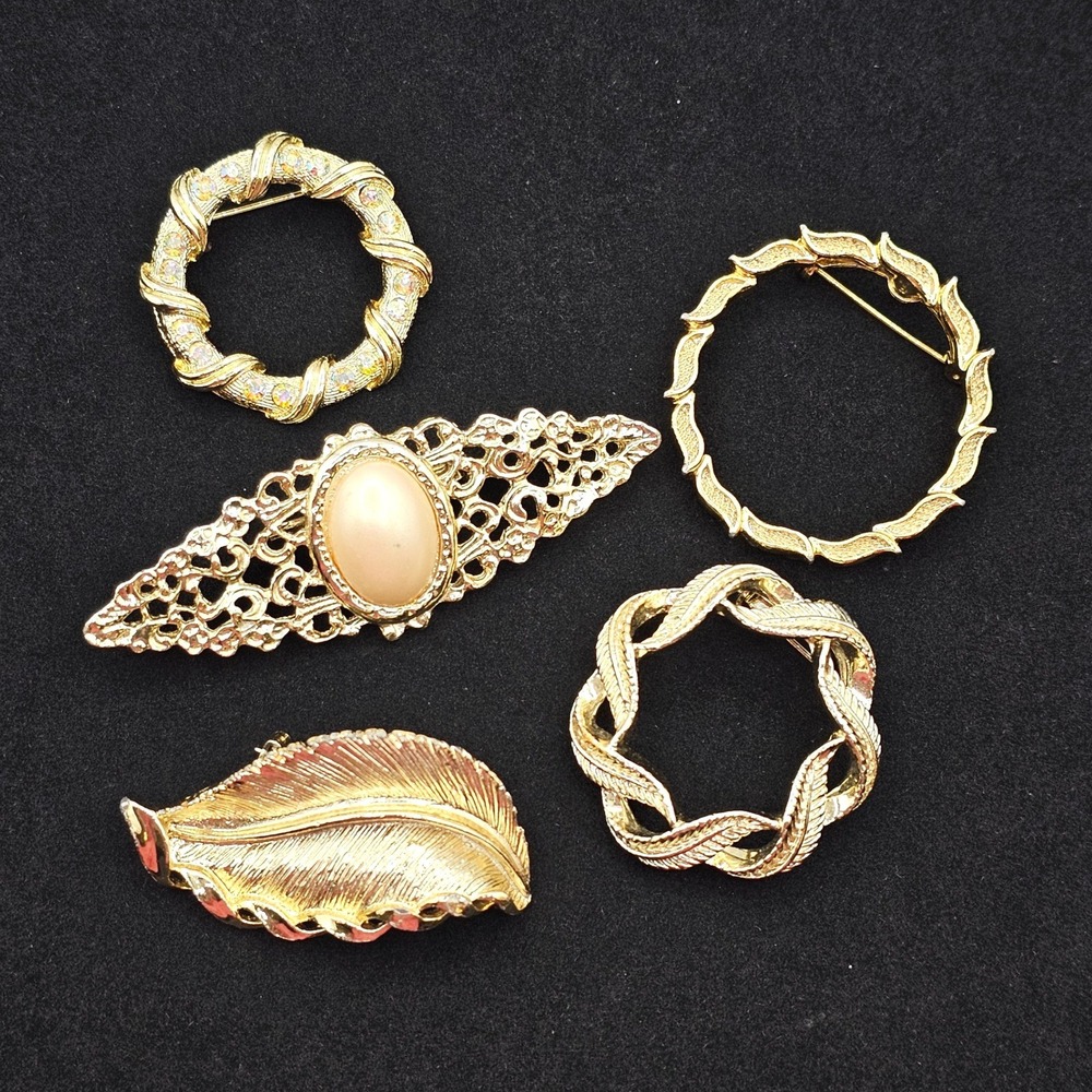 Gold Tone Brooch Pin Lot 5pc Leaf Circle Wreath Faux Pearl